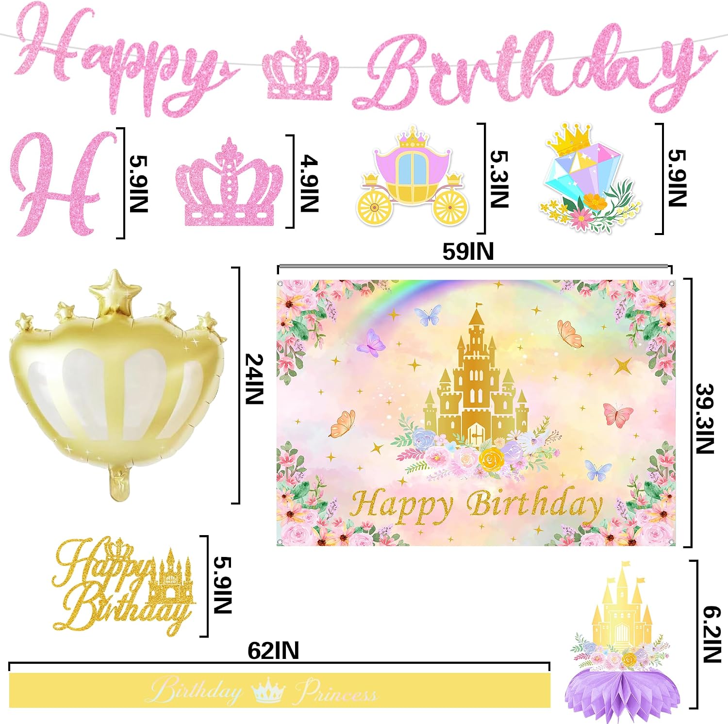 Princess Birthday Party Decorations for Girls - Purple Gold Glitter Princess Theme Happy Birthday Decoration, Glittery Party Supplies with Backdrop Banner Hanging Swirls Balloons Honeycomb