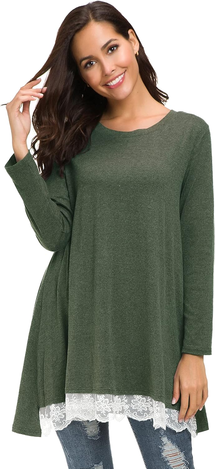 Afibi Women Lace Long Sleeve A-line Swing T-Shirt Loose Tunic Top Blouse - Image 7