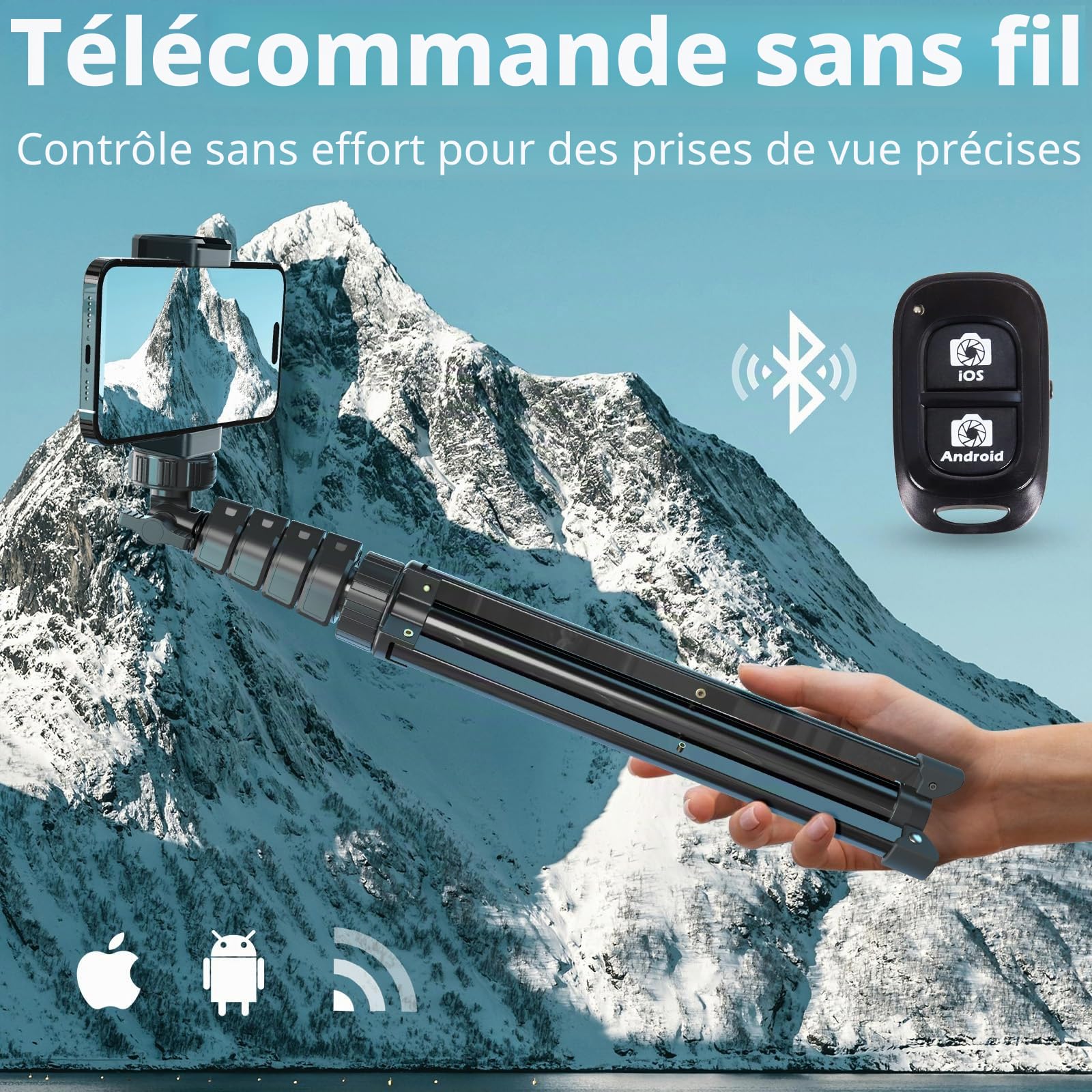 UBeesize Trépied à Selfie 157cm Trépied Smartphone Extensible avec Télécommande Bluetooth Trepied Telephone Portable pour iPhone et Android en Aluminium Robuste Noir