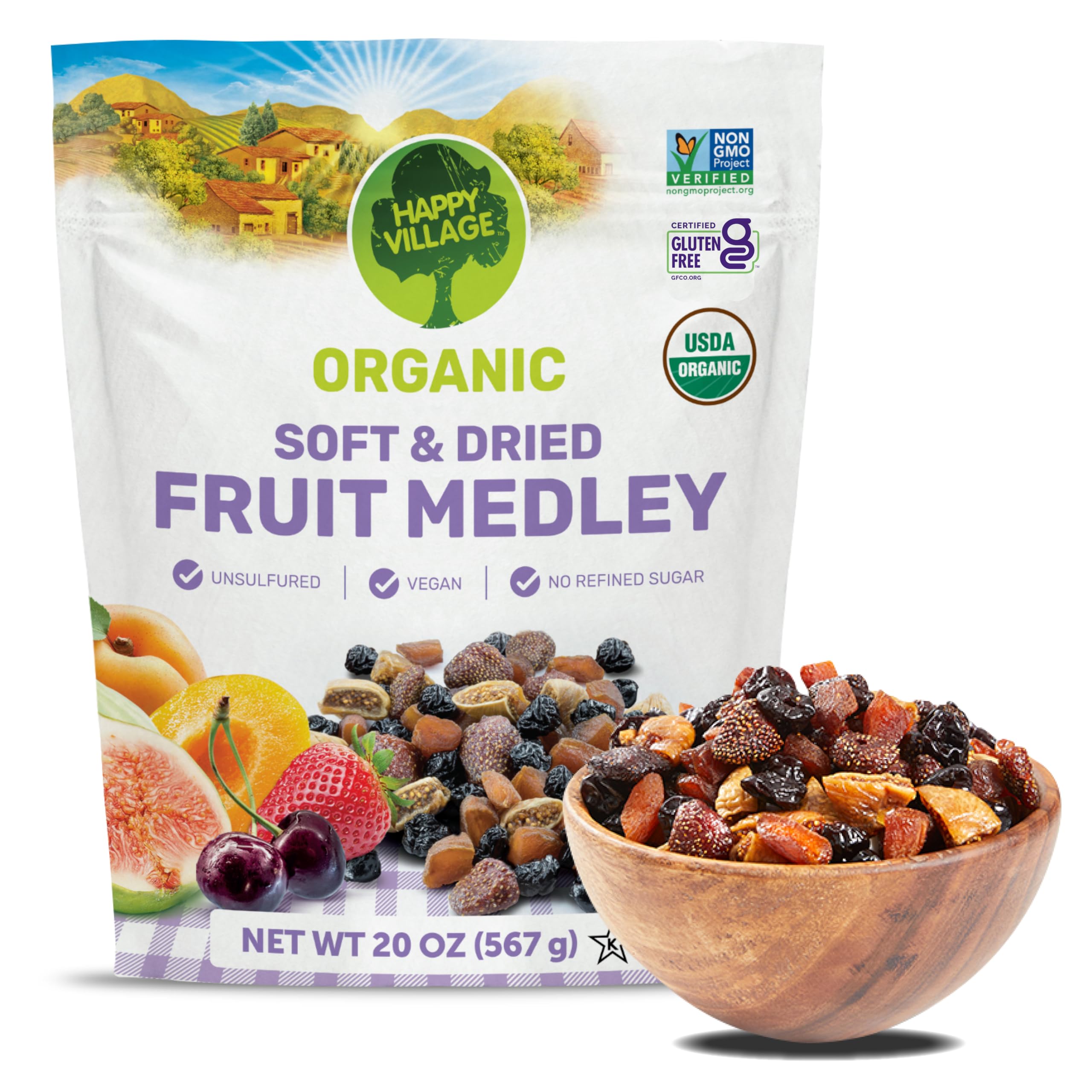 Happy Village Organic Dried Fruit Mix - Apricots, Figs, Strawberries & Tart Cherries, 20 OZ - Kosher, Non-GMO, No Refined Sugar, Vegan, Unsulfured Dried Fruit MedleyUSDA Organic