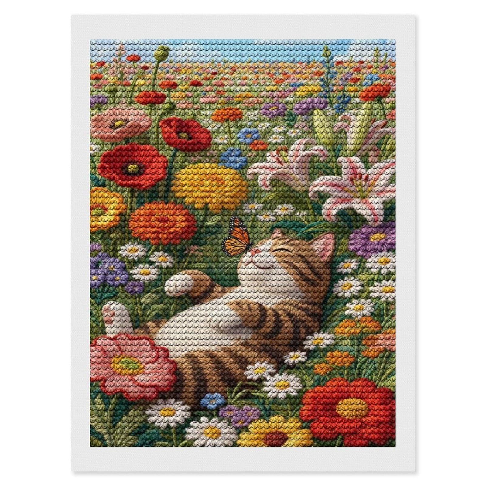 Junmoney Cat Nap in Flower Field Diamond Painting Set 12"x16", Neat Printed Canvas, with Tool Kit, Bedroom Decor, Gift Idea, Complete Accessories
