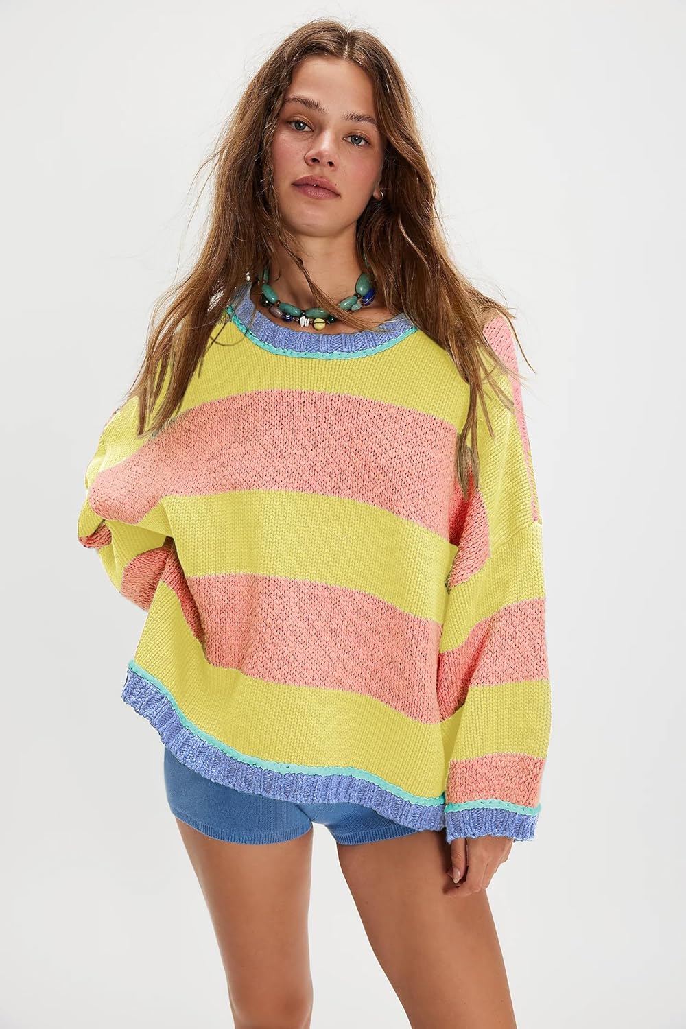 Womens Cute Colorful Sweater Knit Striped Crewneck Long Sleeve Loose Pullover Swaters Tops - Image 4