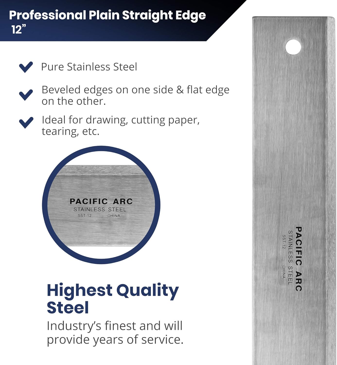 Pacific Arc 12" Straight Edge Stainless Steel 0.09" Thick Steel, Heavy Duty