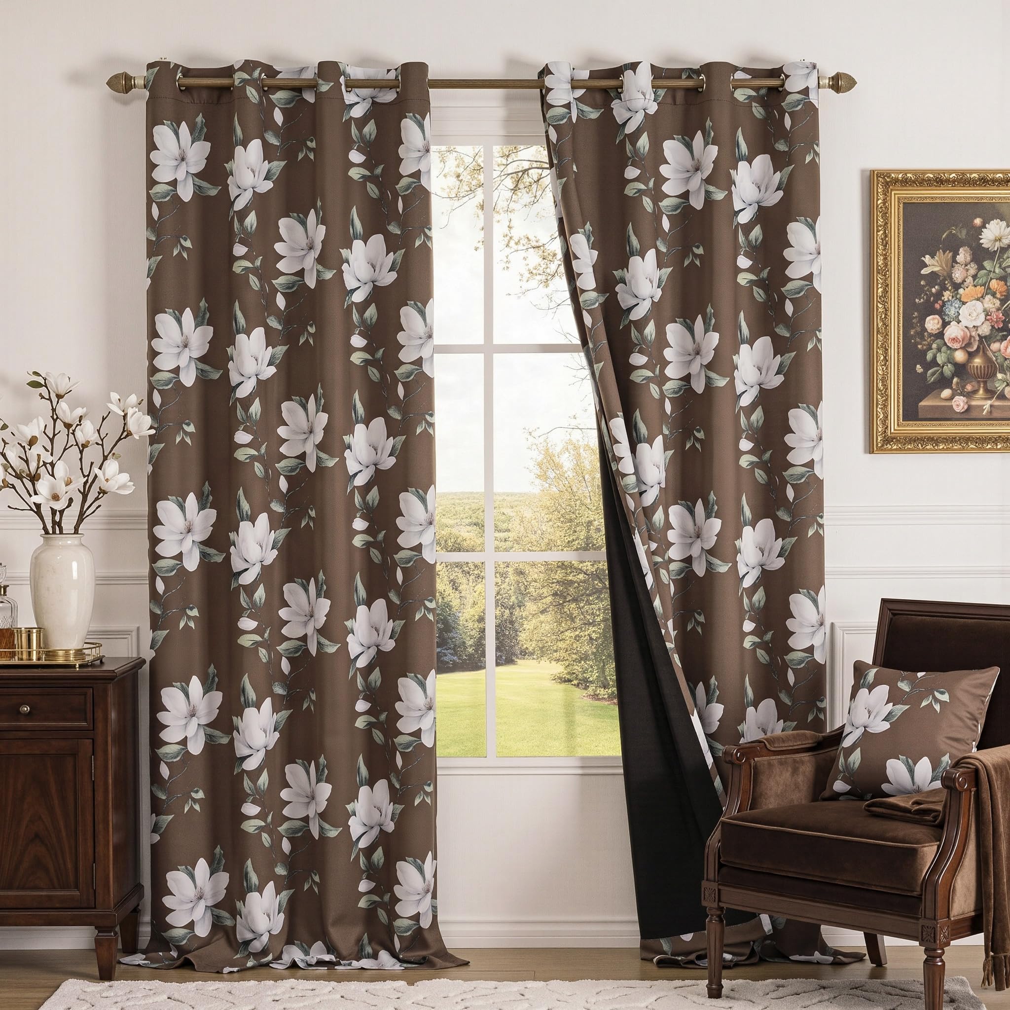 MYSKY HOME Floral 95% Blackout Curtains 96 Inch Long 2 Panels Set for Kitchen White Flower Printed Thermal Insulated Light Blocking Black Out Grommet Window Treatments, 52" W Each Panel, Brown