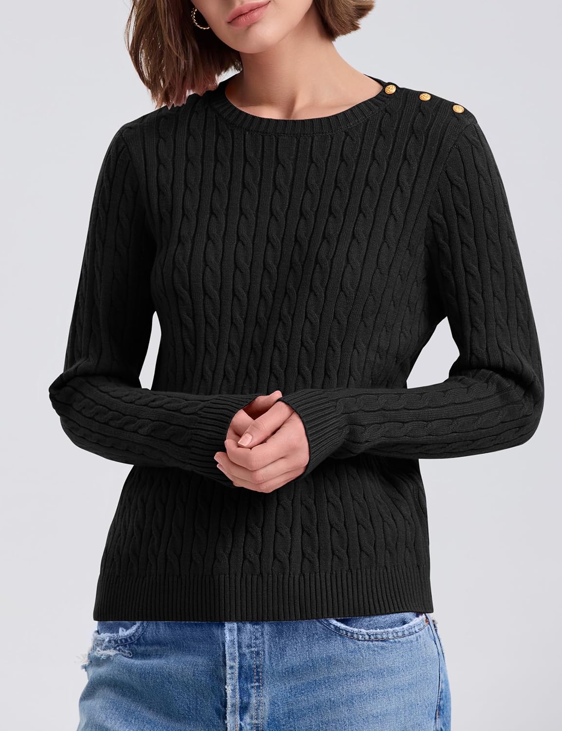 PrettyGuide Women's Cable Knit Sweater Long Sleeve Crewneck Button Shoulder Casual Pullover Sweaters Tops - Image 5