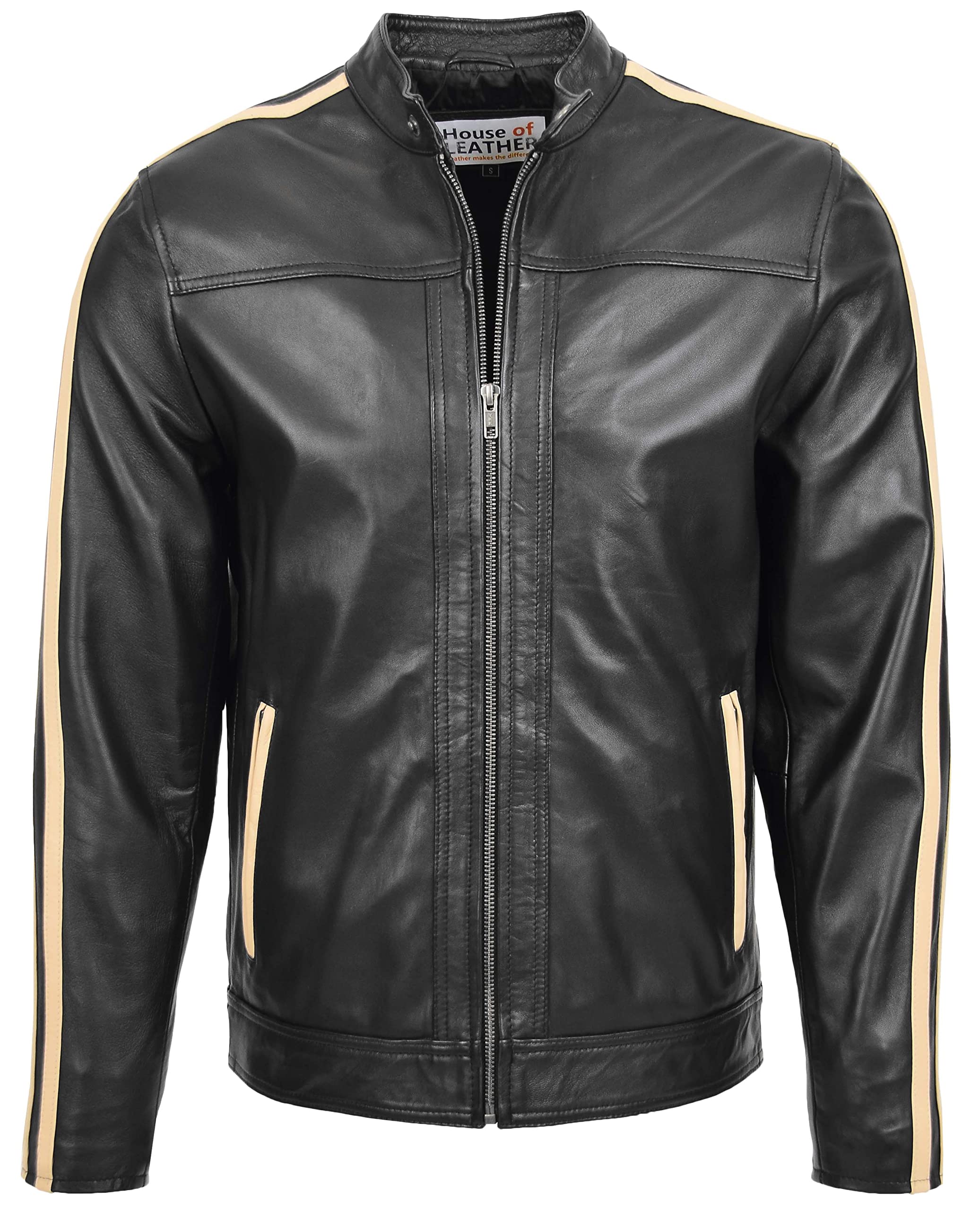 Mens Real Leather Biker Jacket with Racing Stripes Clyde Black (2XL)