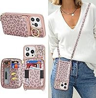 Vista 30 de Funda tipo cartera con bandolera para iPhone 15 Pro Max, funda de piel sintética con cierre de cremallera, funda tipo atril con ranuras para Oro Rosa