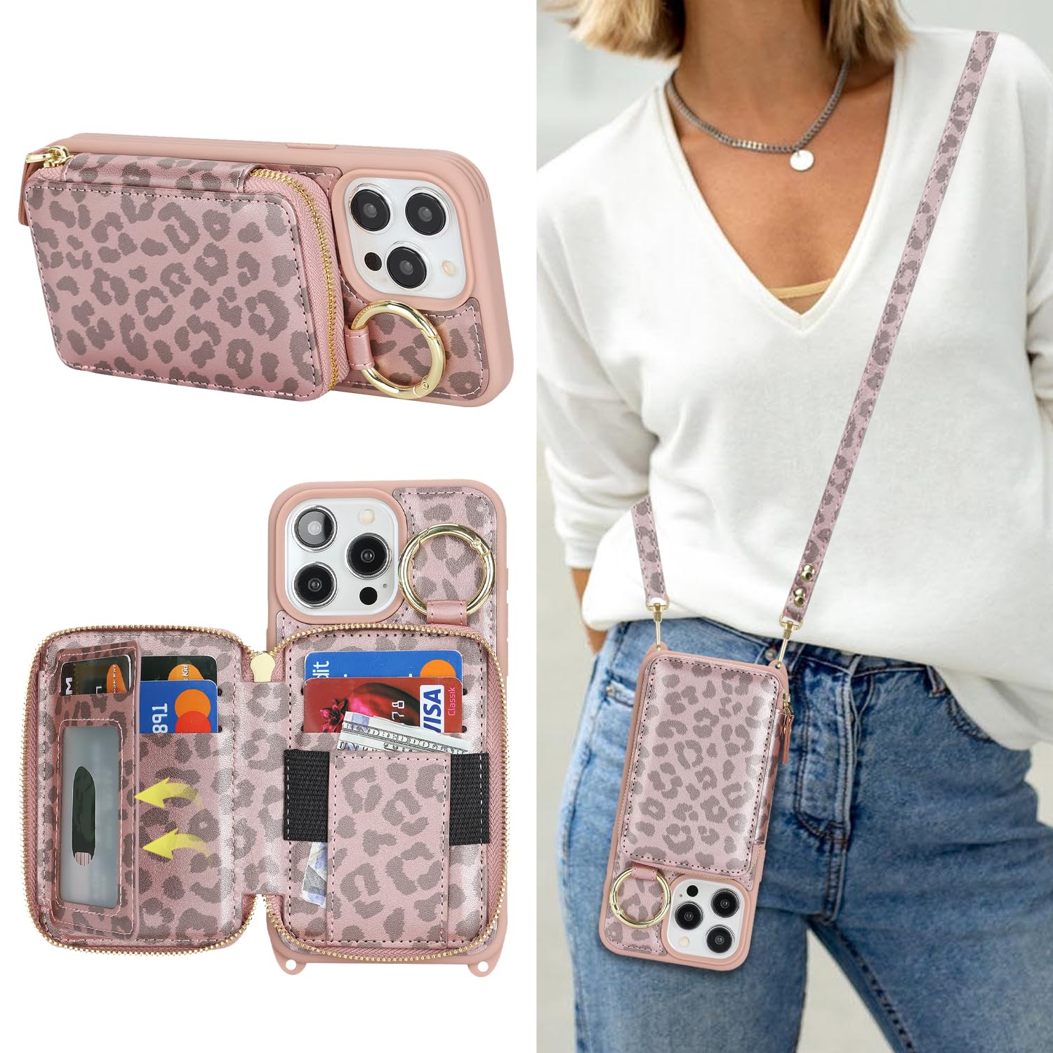 Crossbody Wallet Case for iPhone 12 Pro Max-Pink Leopard