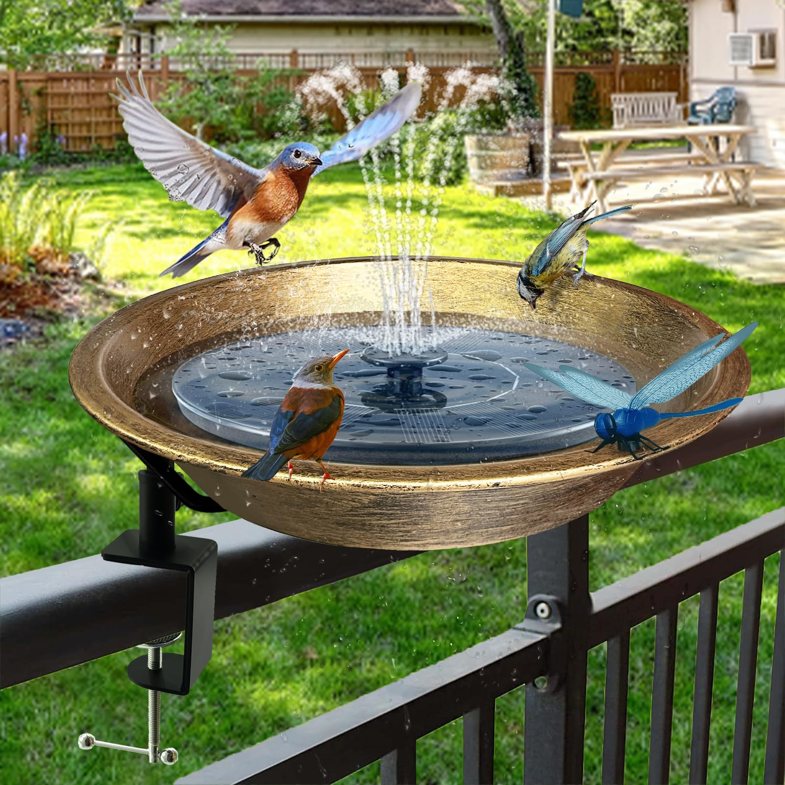 WANGIRO Baño para pájaros montado en cubierta para exteriores, cuenco desmontable para pájaros con abrazadera resistente, fácil de instalar, comedero para pájaros al aire libre para terrazas, jardín