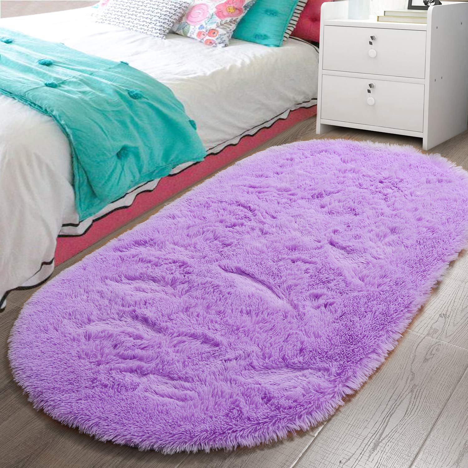 LOCHAS Bedroom Rug 2.6' x 5.3', Purple Fluffy Shaggy Area Rug for Bedroom Bedside, Soft Oval Throw Rugs Carpet for Kids Girls Nursery Living Room Home