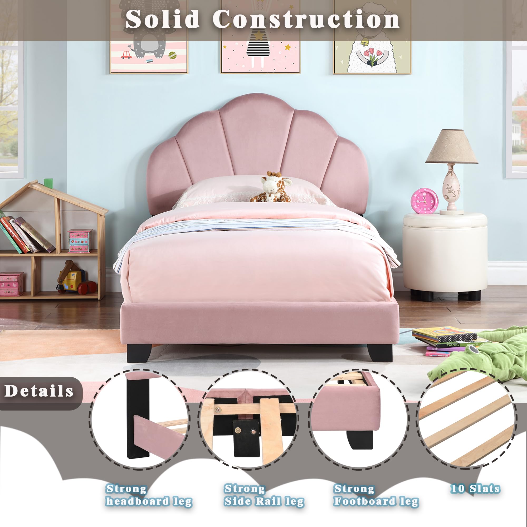 Upholstered Twin Size Platform Bed for Kids Wooden Bed Frame with Slatted Bed Base Cute Kids Bed Frame with Shell Design Headboard for Girls Boys Teens Pink No Box Spring Needed