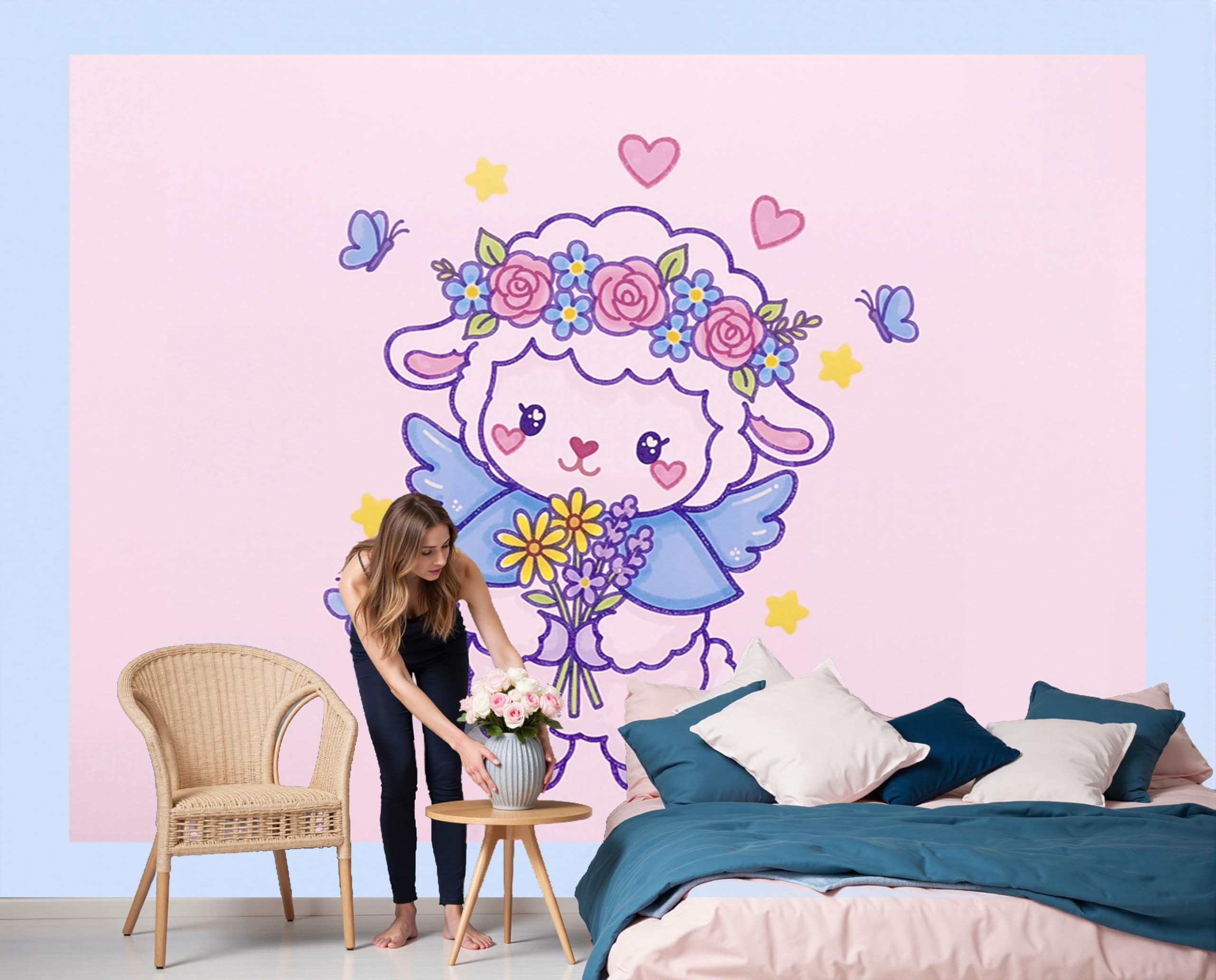 Papier peint panoramique agneau bleu poudré 450x315cm pour décoration murale