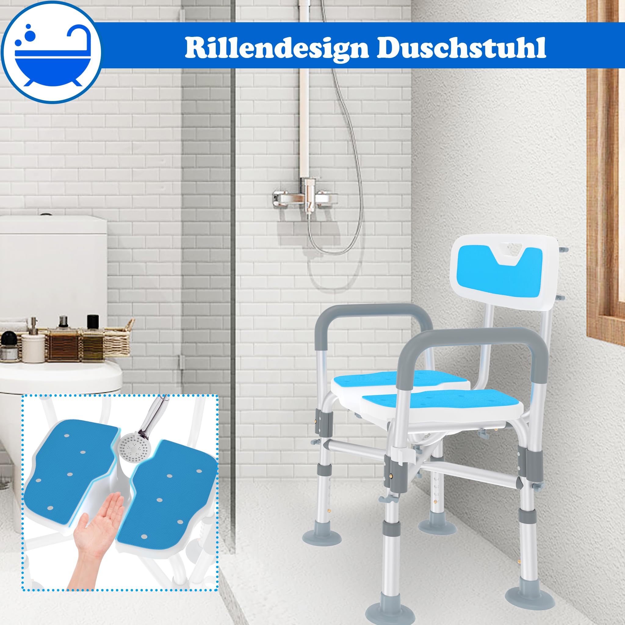 SUBTLETY Rillendesign Duschstuhl Aluminium Duschhocker mit Armlehnen, Rückenlehne & Rutschfestes Kissen, 74-84,5cm Höhenverstellbar Badhocker mit Anti-Rutsch-Füße bis 200KG für Senioren