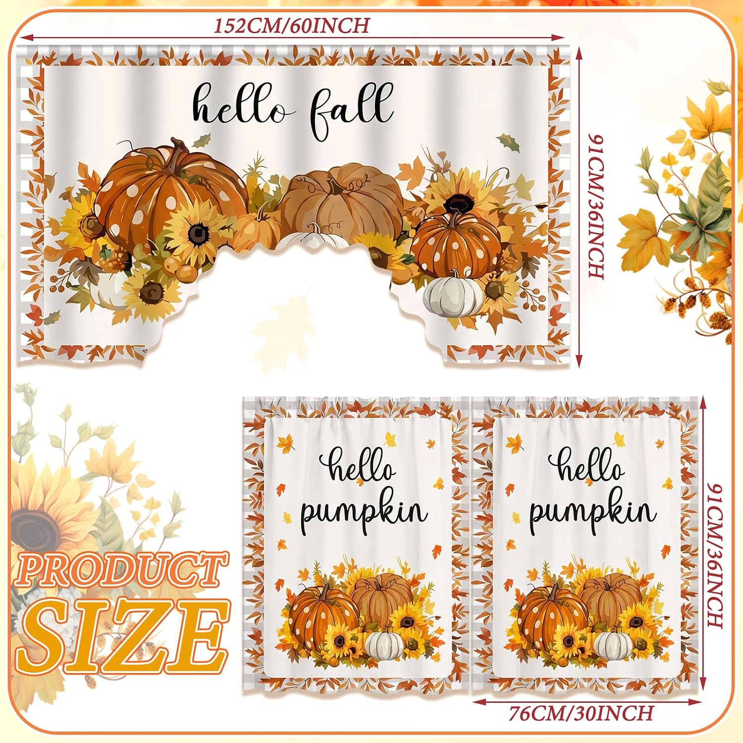 Remagr 3 Pieces Set Autumn Pumpkin Kitchen Curtains Window Curtains and Valance for Kitchen Home Bedroom Living Room Cafe Windows 60'' x 36'' Valance & 36'' x 30'' x 2 Panels