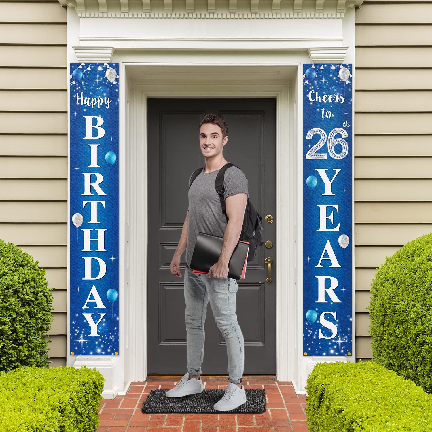 'Happy 26th Birthday' drzwi baner ganek znak niebieski srebrny