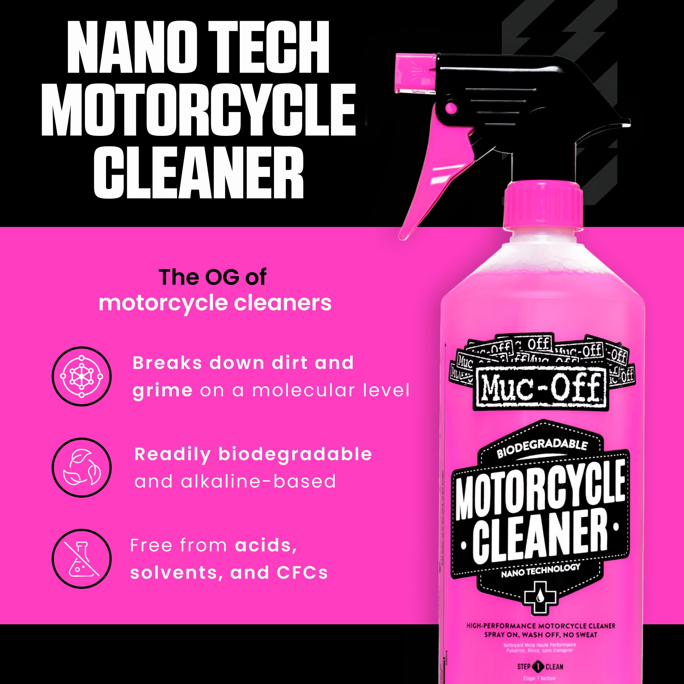 Muc-Off Nano-Tech Motorcycle Cleaner, 1 l - Spray Detergente Moto Biodegradabile ad Azione Rapida - Prodotto Pulizia Moto Sicuro su Tutte le Superfici e Adatto a Tutti i Tipi di Moto