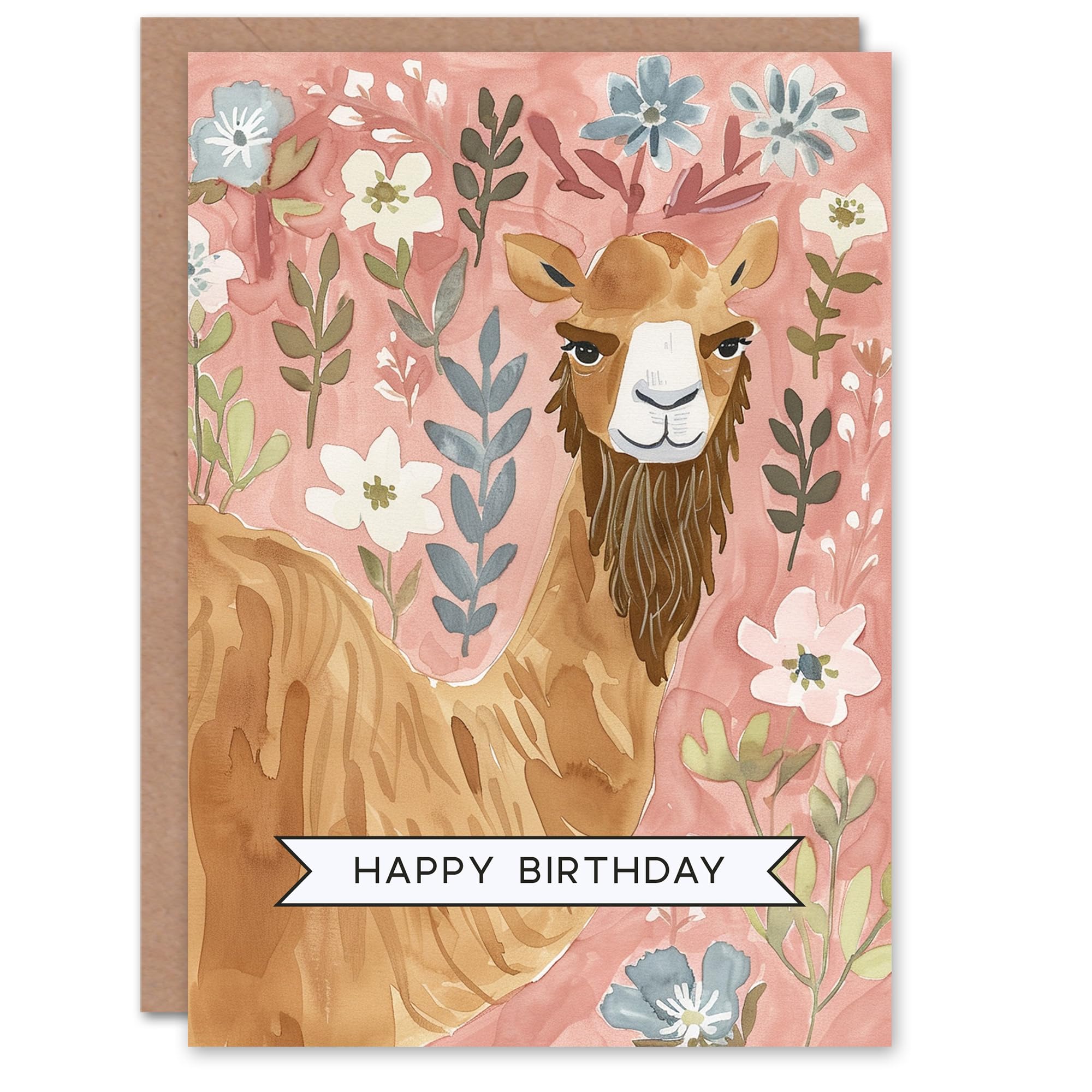 Artery8 Bearded Camel Cartoon in Flower Field Watercolour Blank For Him Or Her Art Birthday Card