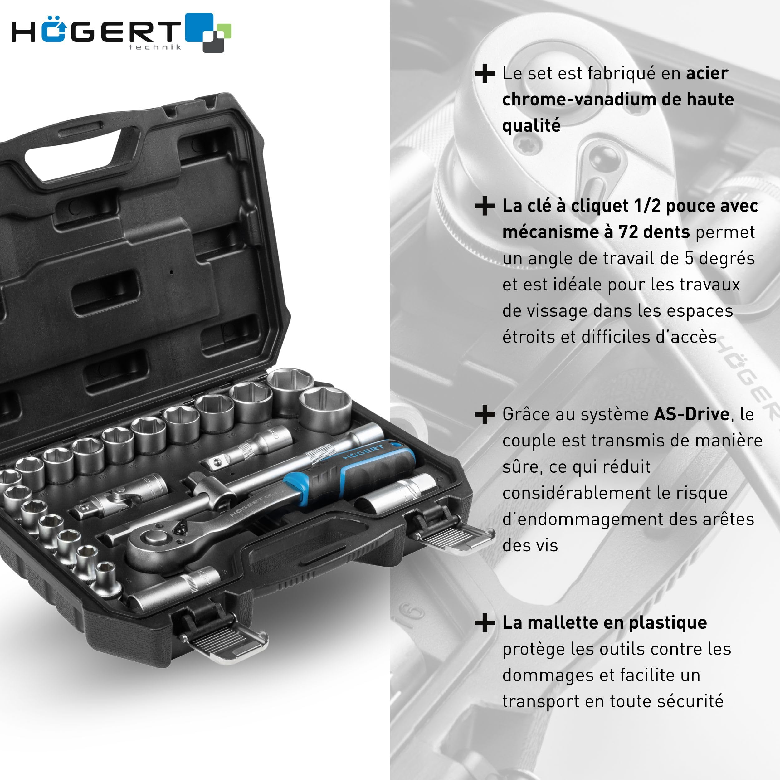 Högert Technik - Jeu de clés à douille 24 pièces 1/2 pouce avec clé à cliquet, cliquet, douilles 8-32 mm en acier CrV dans un coffret pour atelier et garage