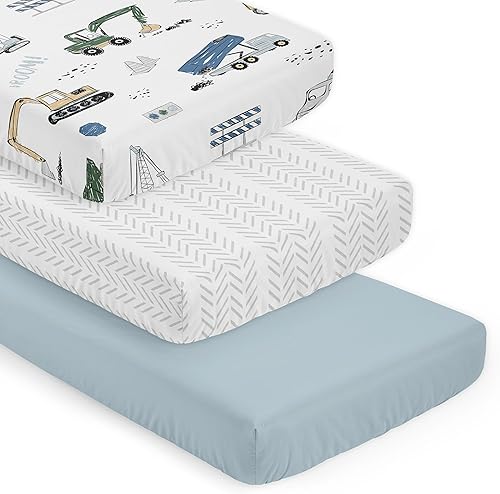 Miniatura 11 de Sweet Jojo Designs Juego de sábanas para cuna ajustable de camión de construcción verde y azul para bebé, cuarto de bebé, habitación de bebé