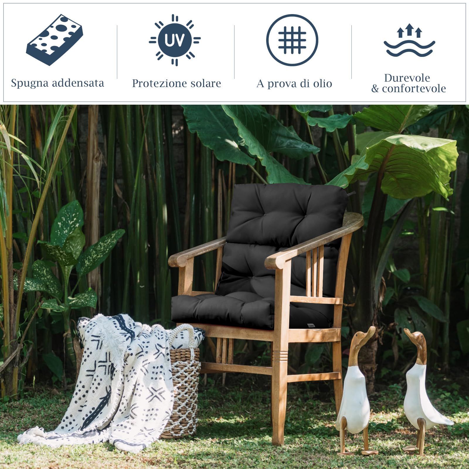 COSTWAY Cuscino Imbottito per Poltrona Sdraio Relax, Cuscino a 3 Pieghe per Sdraio e Lettino, Cuscino Prendisole con Corda, per Interno ed Esterno, 117 x 56 x 12 cm (1, Nero)