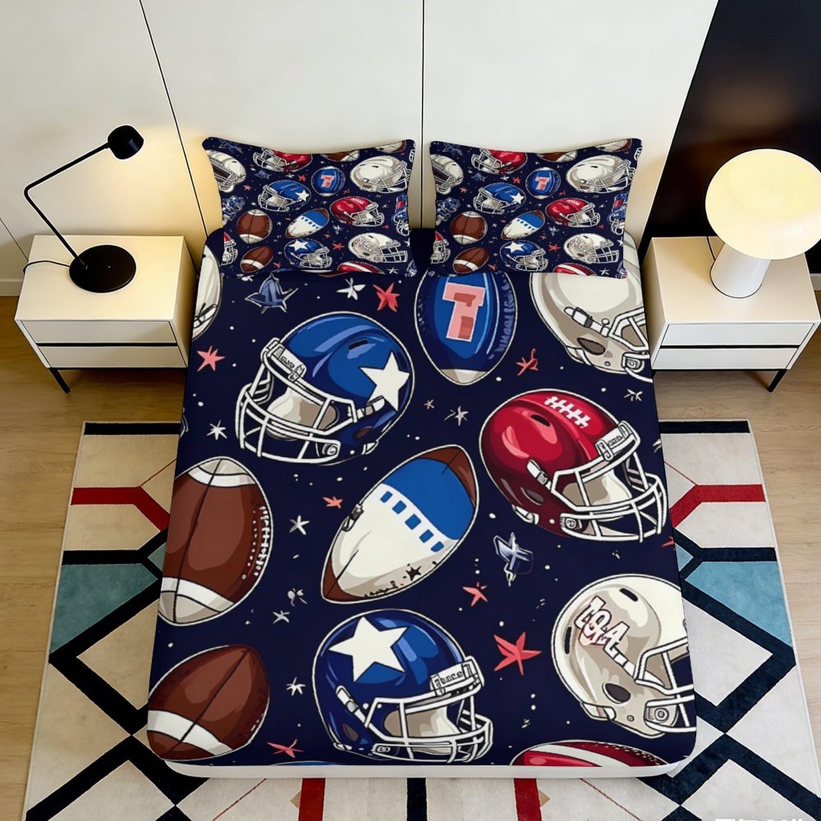 Qjzxknhpgr Style-3 3D Printed American Football Fitted Sheet Microfiber Soft Breathable Sports Helmet Bed Cover For Bedroom Dorm Decor 90X200x25cm