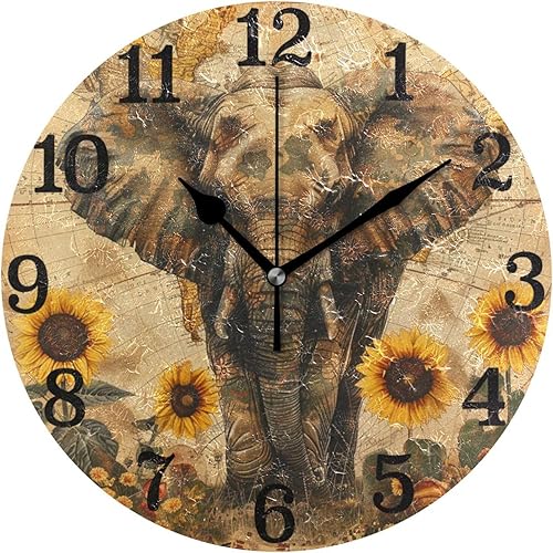 KLL Boho Elephant Sunflowers Retro 10 Inch Round Wall Clocks Non Ticking Creative for Bathroom Farmhouse Bathroom reloj de pared para sala