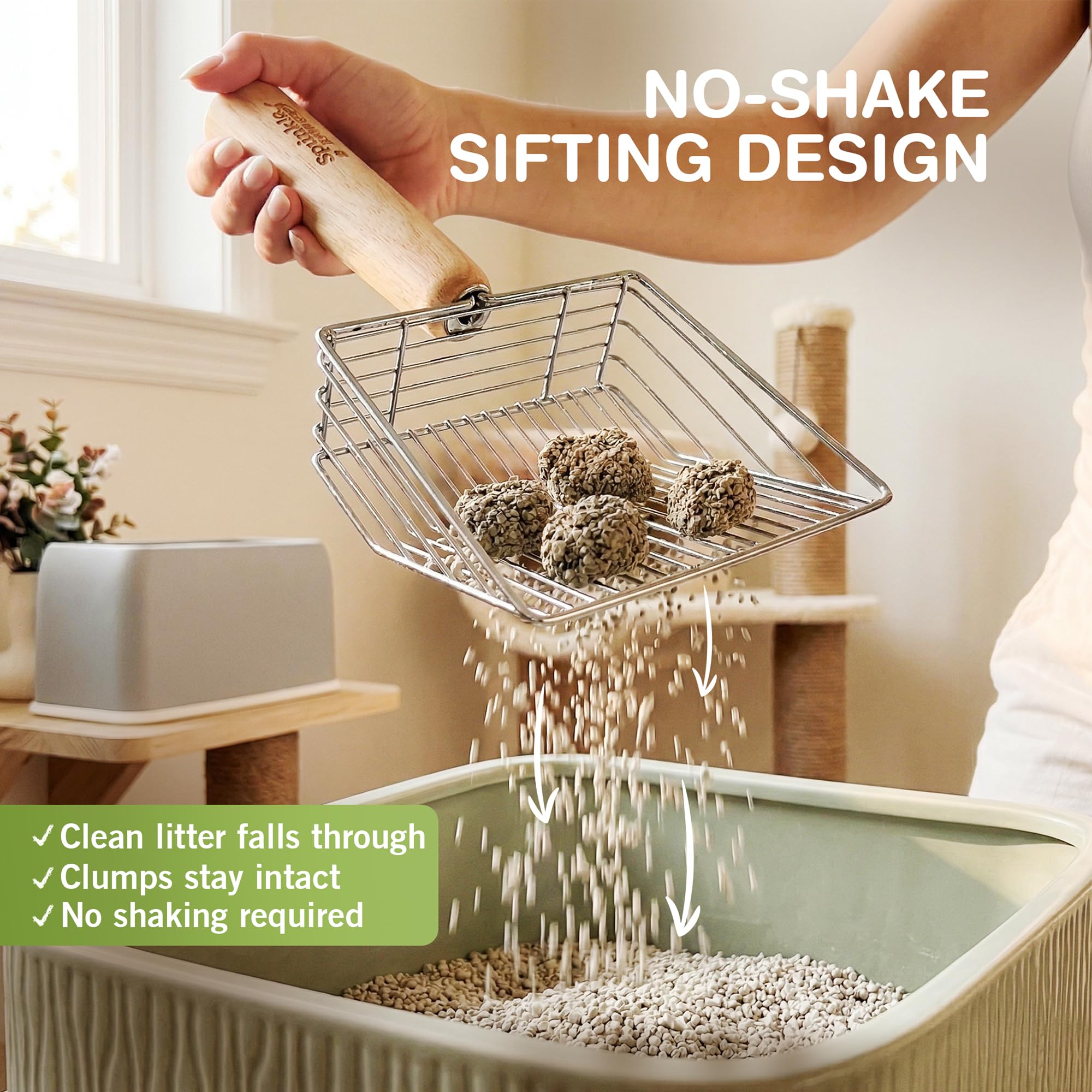 Sprinkle & Sweep Lot de 2 pelles à litière en métal pour chat – Pelle à litière robuste et tamis rapide avec poignée confortable en bois de hêtre – Support lavable pratique pour un nettoyage facile et