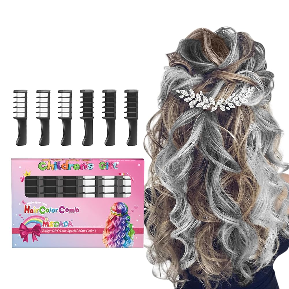 MSDADA New Hair Chalk Comb Temporary Hair Color Dye for Girls Kids with Light Color Hair, Washable Hair Chalk for Girls Age 4 5 6 7 8 9 10 Birthday Cosplay DIY, Christmas, New Year (Black & White)