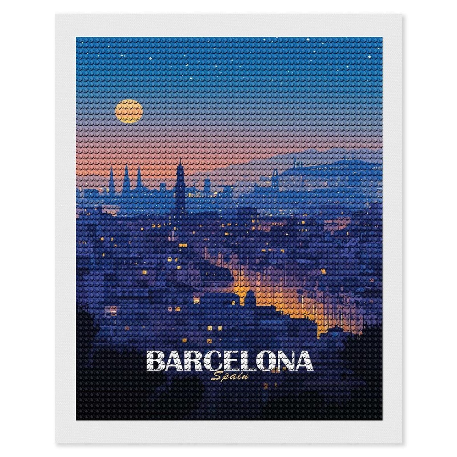 Junmoney Barcelona, Spain at Night Diamond Painting Set 16"x20", for Beginners, Modern Decor, Simple to Start, Gift Idea, Pleasing Wall Art Project
