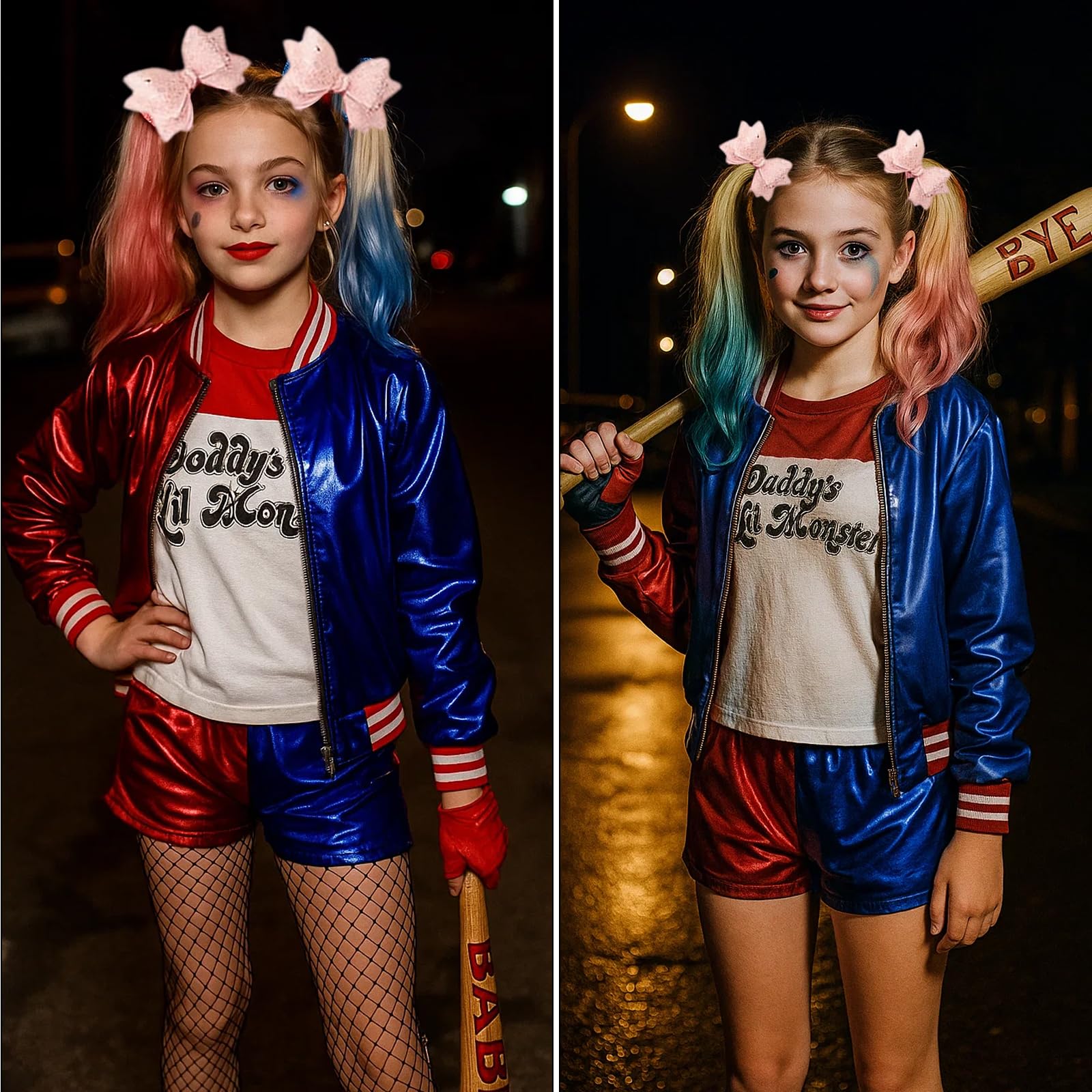 Harley Kostüm Kinder, Halloween Kostüm kinder, 11Stück Set für Mädchen, Karneval Kostüm für Kinder Cosplay Clown Kostüm für Karneval Cosplay Faschings Halloween(120CM/130CM/140CM)