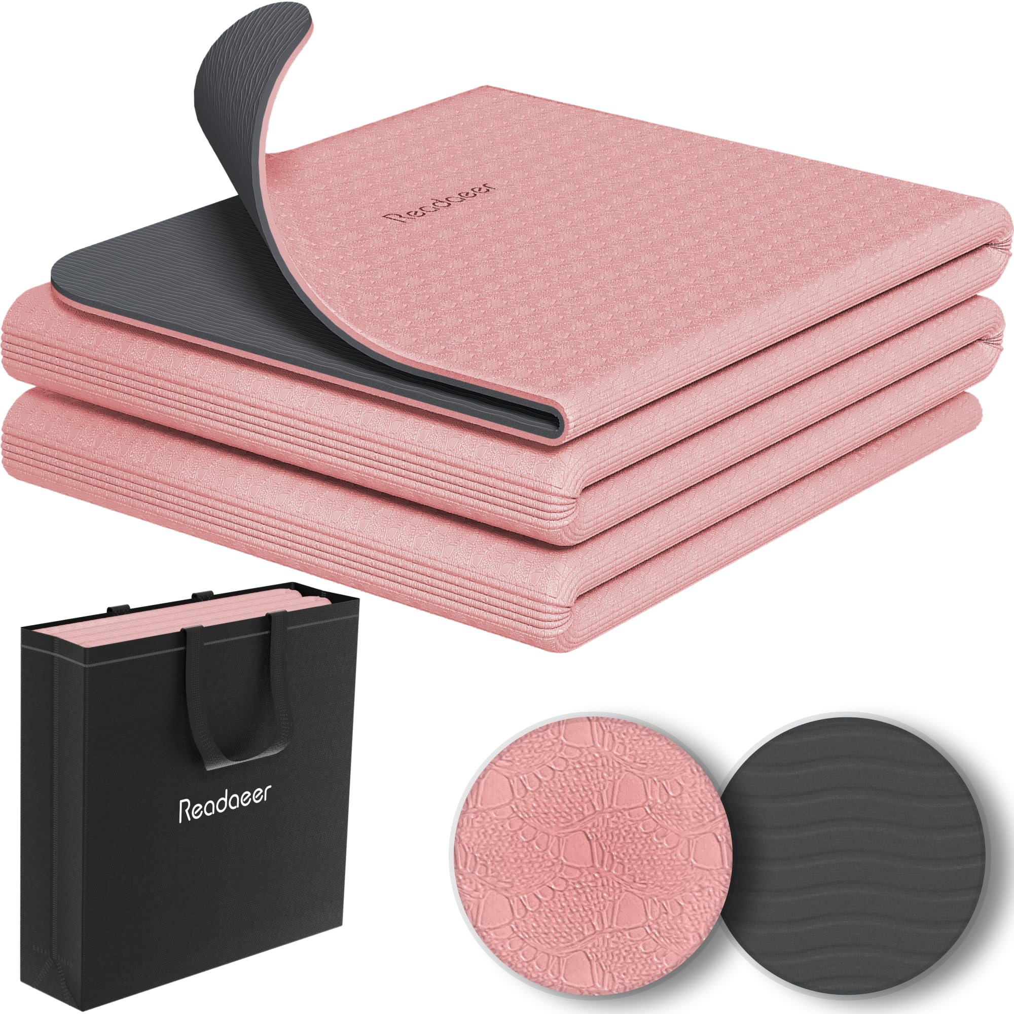 Readaeer Foldable Yoga Mat for Travel Folding Yoga Mat 6mm Thick with Carrying Bag, Non-Slip TPE Exercise Pilates Mat for 72" L x 24" W x 0.24 Inch