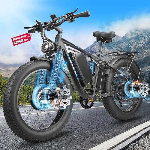 6000W Peak Electric Bike for Adults,58V Max-Output 1856Wh Dual Motor Ebike,47MPH 105Miles Range,24" x4.0 Fat Tire Hydraulic Disc Brake Full Suspension E-Bike for Off-Road Mountain Snow Commuter