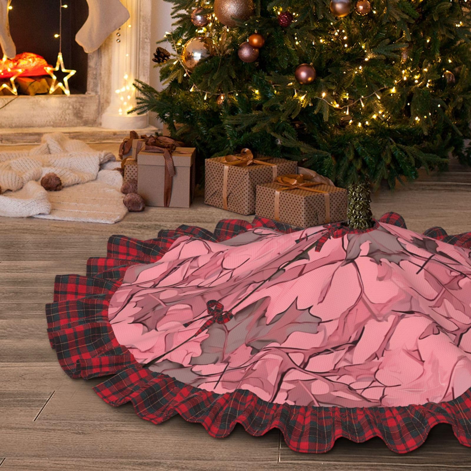 Jupe de sapin de Noël 122 cm rose et camouflage imperméable avec dentelle
