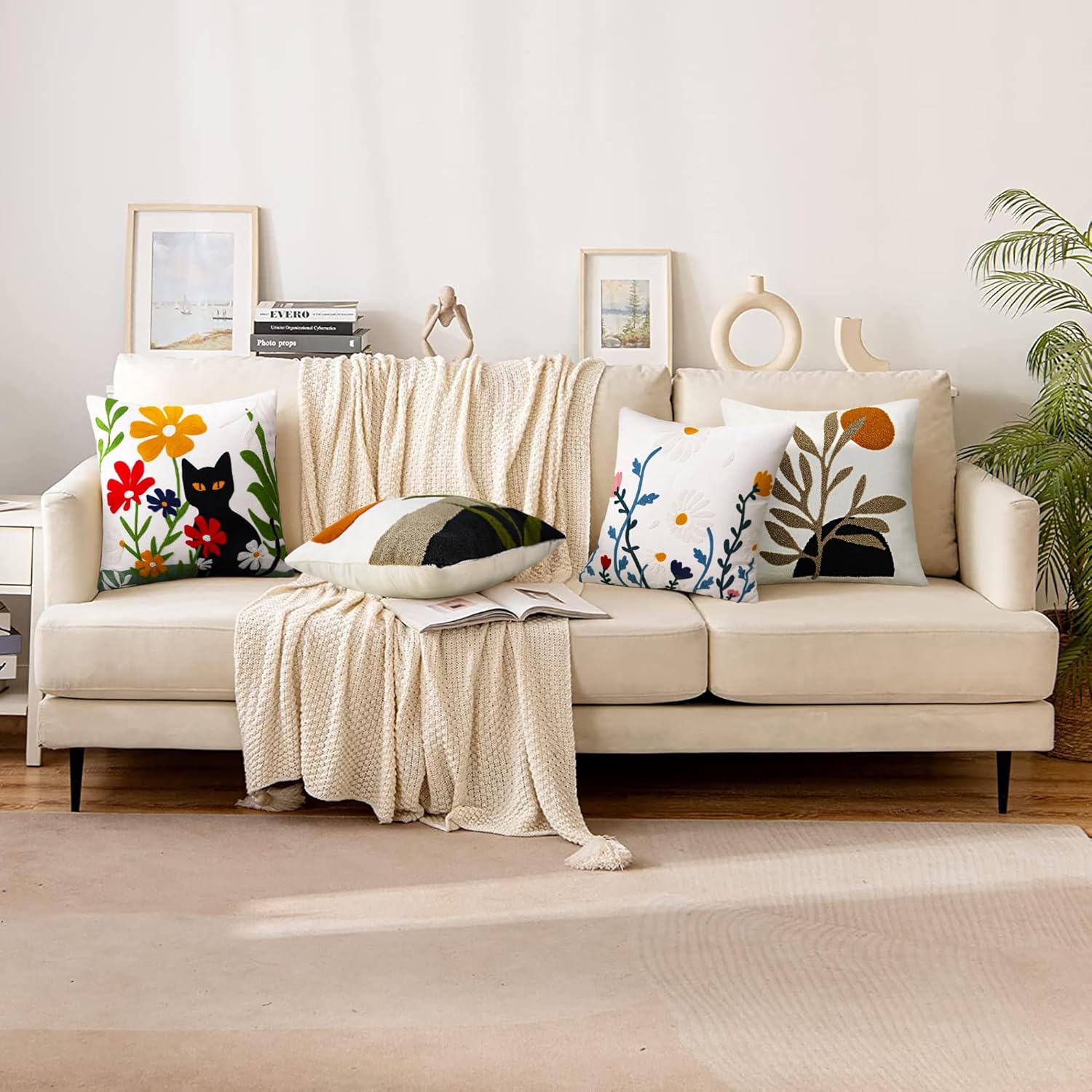 Merrycolor Embroidered Pillow Covers 18x18 Spring Flower Pattern Decorative Throw Pillow Covers Comfortable Cotton Canvas Square Cushion Cases for Sofa Bed Living Room Decor - Image 9