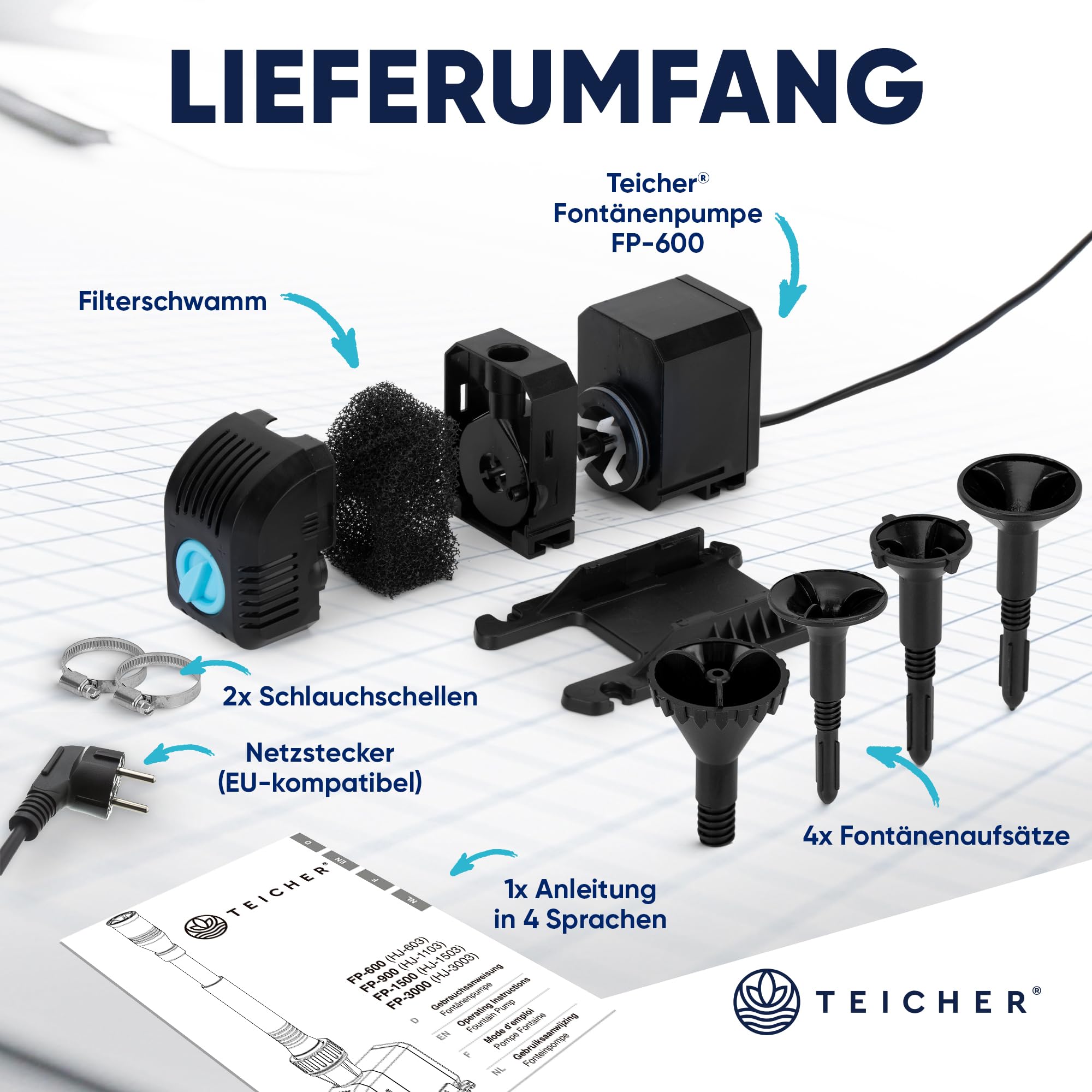 Teicher Teichpumpe FP-600 8W 600l/h Springbrunnenpumpe inkl. Aufsätze Filter Schwamm