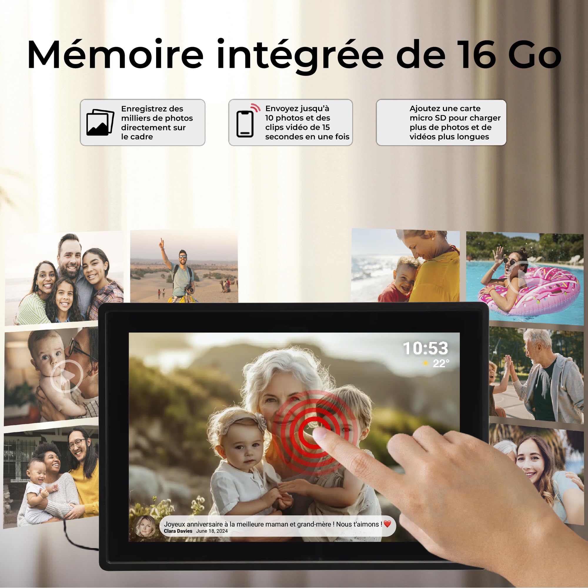 Denver PFF-1021B Cadre Photo numérique Wi-FI FRAMEO 10,1 Pouces, écran Tactile IPS 1280 x 800, mémoire 16 Go, Application iOS/Android, Noir