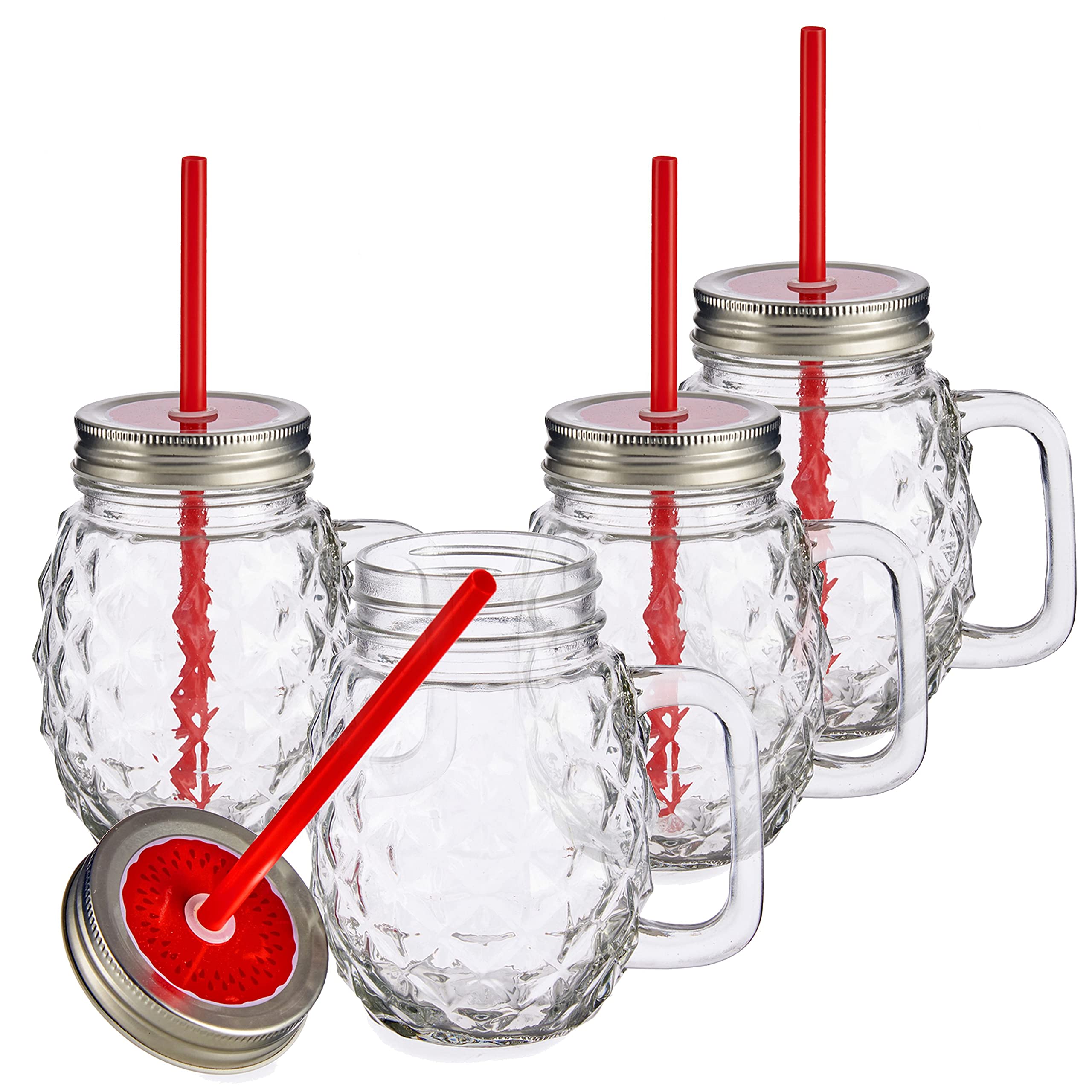 MamboCat Vivalto Set 4 Bicchieri In Vetro Con Manico, Coperchio E Cannuccia – Verde, 480ml Per Cocktail E Frullati - 4