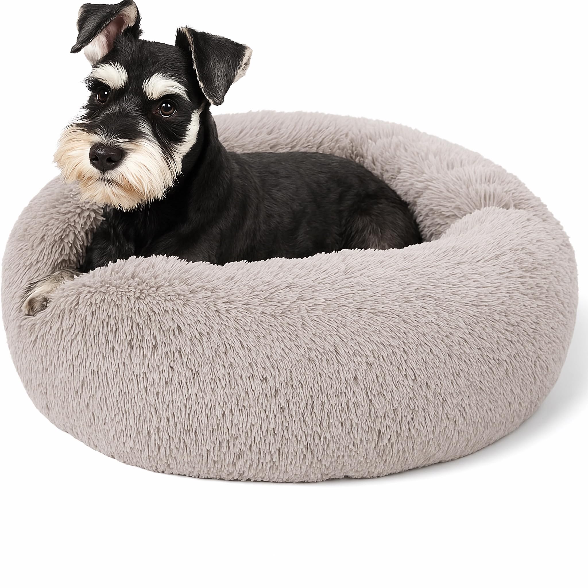 SEOUGEE Calming Donut Dog Bed, Fluffy Plush Round Cat Bed, Cosy Soft Washable Cushion Warming Pet Beds with Non-Slip Bottom, Indoor Sleeping Cuddler Nest for Small Dogs Cats (Taupe 50cm)