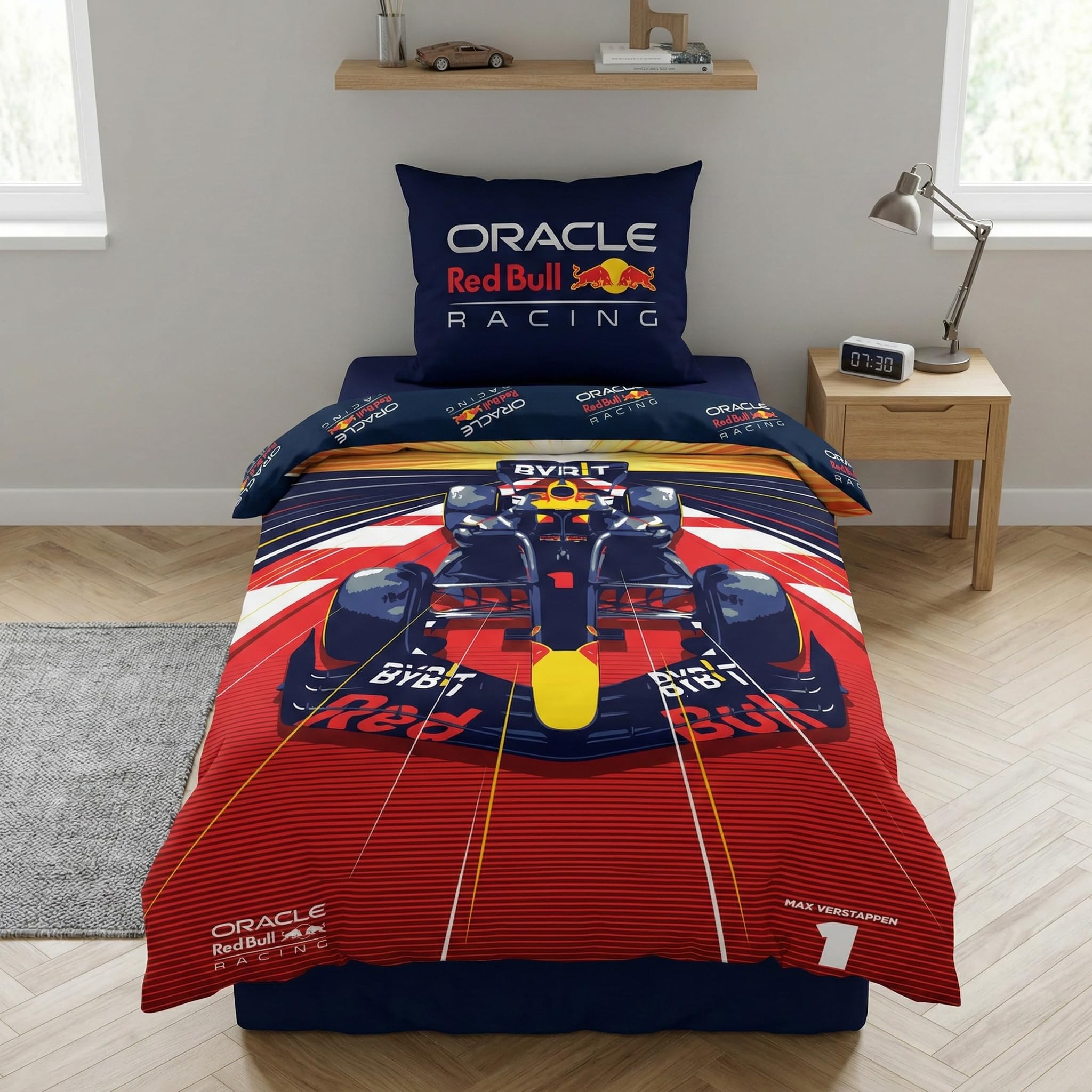 Red Bull Racing Pościel 140x200 + Poszewka Bawełna Formuła 1 | Odwracalna pościel jednoosobowa | Bawełna naturalna oddychająca | Oficjalna licencja Red Bull | Prezent | Dekoracja pokoju