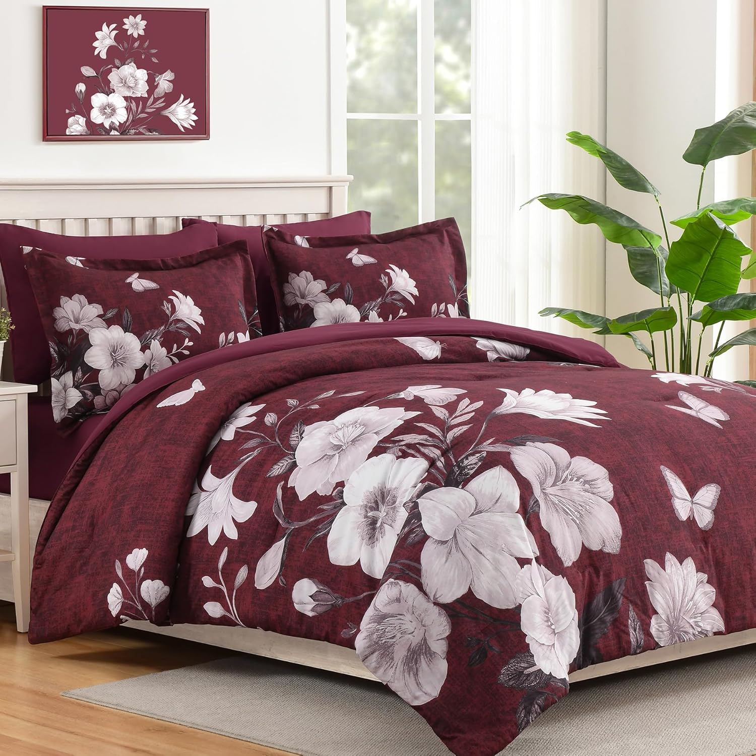 Floral Comforter Set Queen Size, 7 Pieces Burgundy Bed in a Bag, Elegant Floral Butterfly Comforter and Sheet Set, Soft Microfiber Bedding Set for All Seasons(Burgundy,90"x90") - Image 2