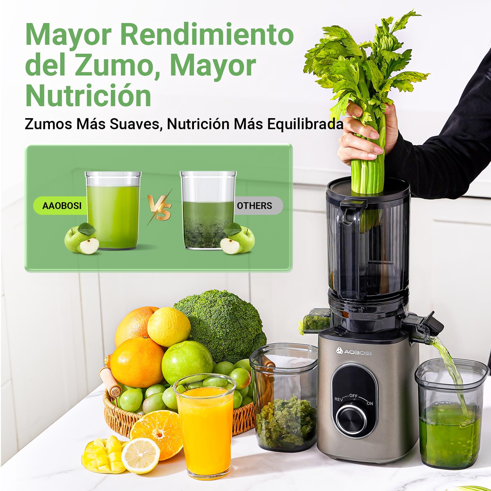 AAOBOSI Extractor de Zumos y Verduras, Slow Juicer 110MM de Gran Apertur, Fácil De Limpiar, con función de masticación inversa, sin BPA, Apto para Frutas y Verduras, Con 2 Tazas y Cepillo