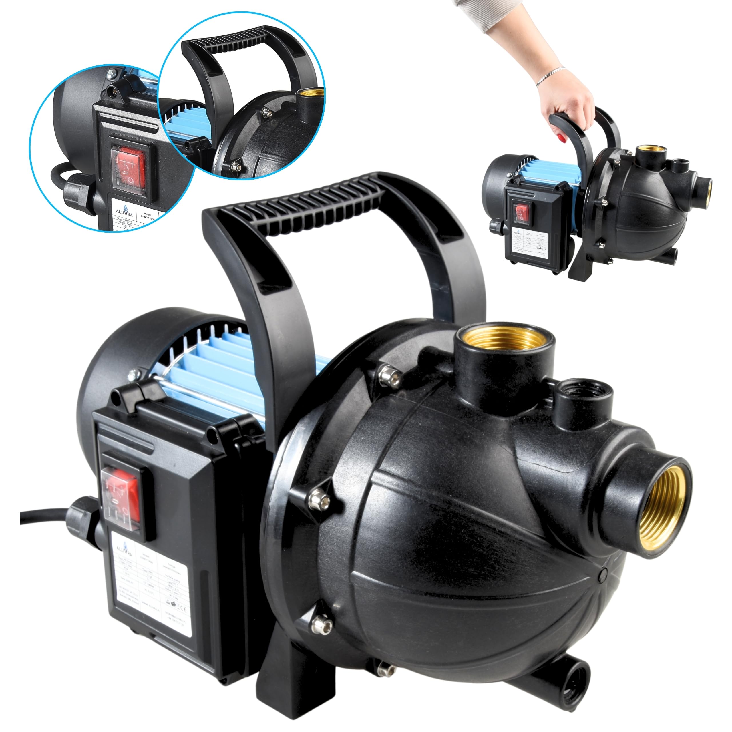 Gartenpumpe HANDY 3600 (1000 W, 3600 l/h, 48 m Förderhöhe) - selbstansaugende Wasserpumpe mit Tragegriff - Wassereinfüllschraube, Wasserablassschraube - Hauswasserwerk, Teichpumpe, Gartenbewässerung