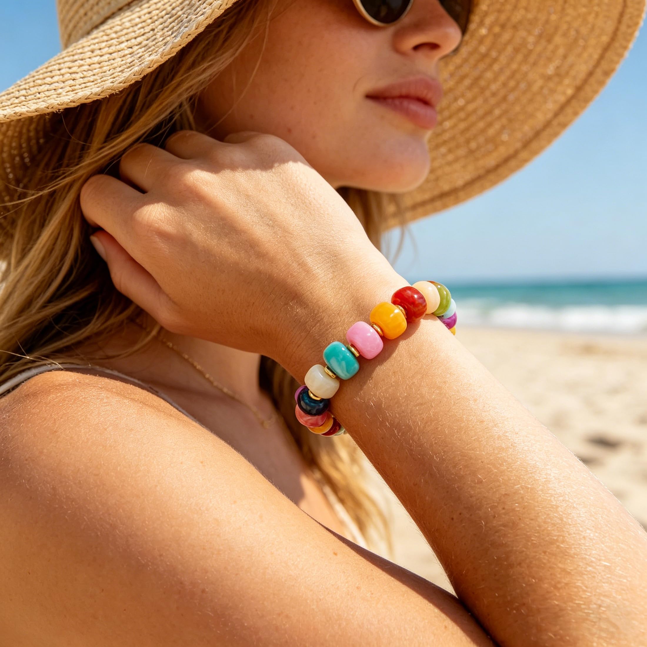 Bead Bracelet for Women Vibrant Color Resin Beads Bracelets Elastic Stretch Chunky Bracelet Boho Summer Beach Vacation Jewelry — view 2