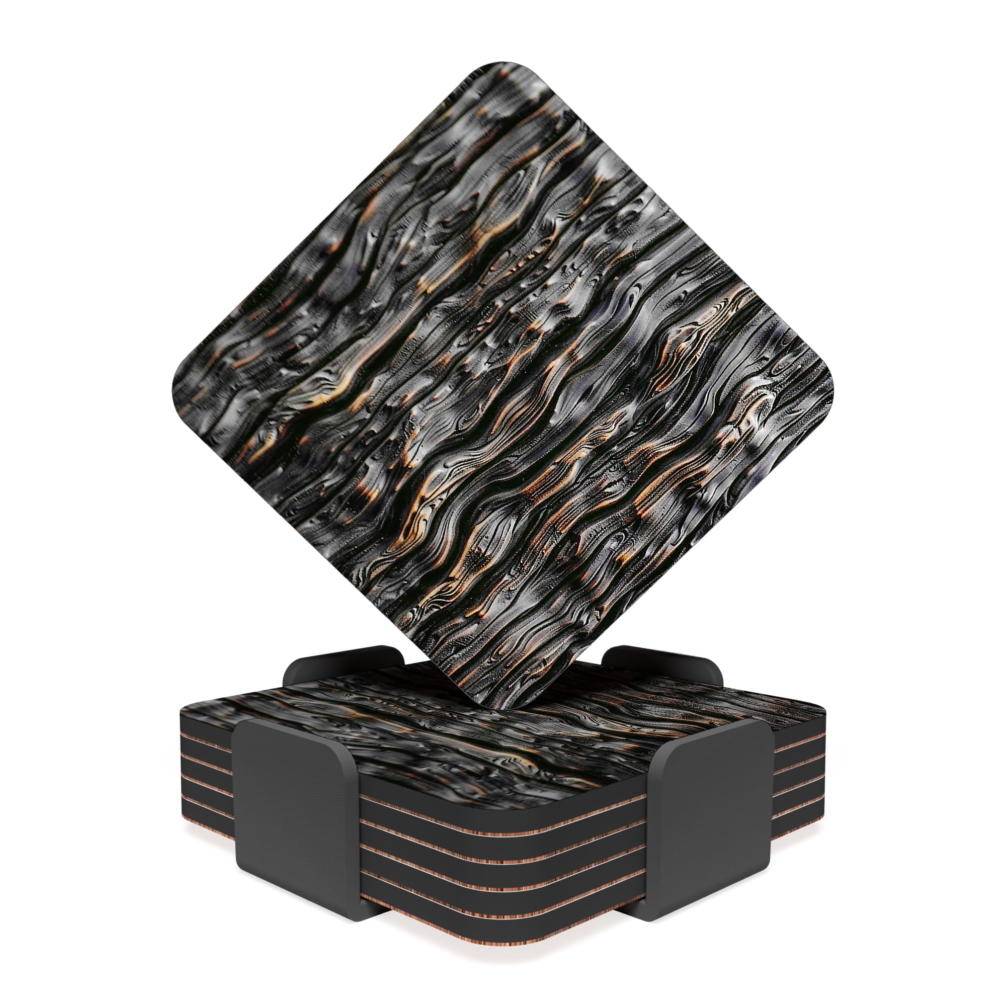 RAV3 Square Coasters Set of 6- Wood Grain Effect Printed Drink Coaster with Cork Base- Cold and Hot Resistant, Anti- Slip Coasters with Holder (WOD-1-SQ) - Black Copper Grain
