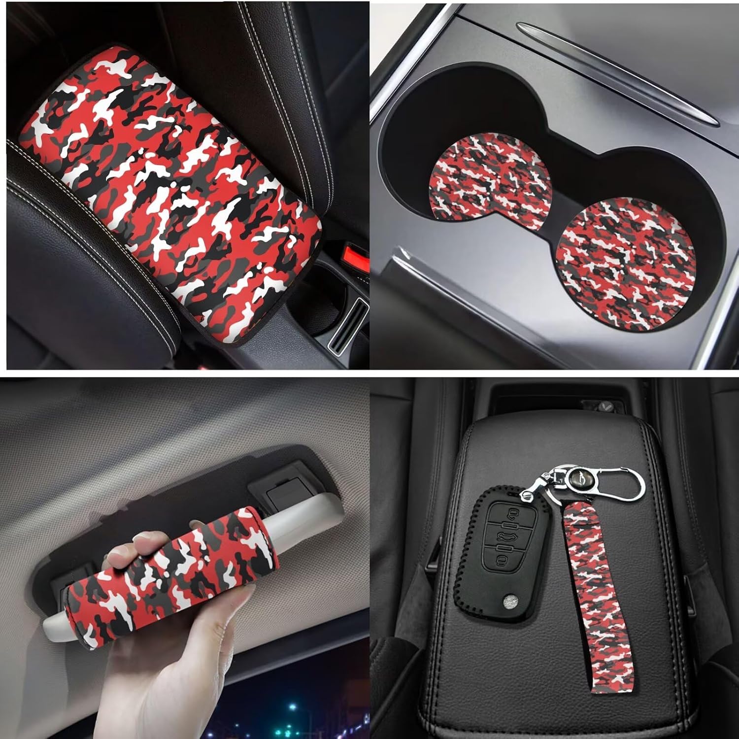 17Pcs Red Camo Print Car Seat Cover Set, Easy Install, Car Seat Cover with Mats Steering Wheel Cover Armrest Cover Car Seat Belt Covers Car Coaster Keychain Roof Gloves