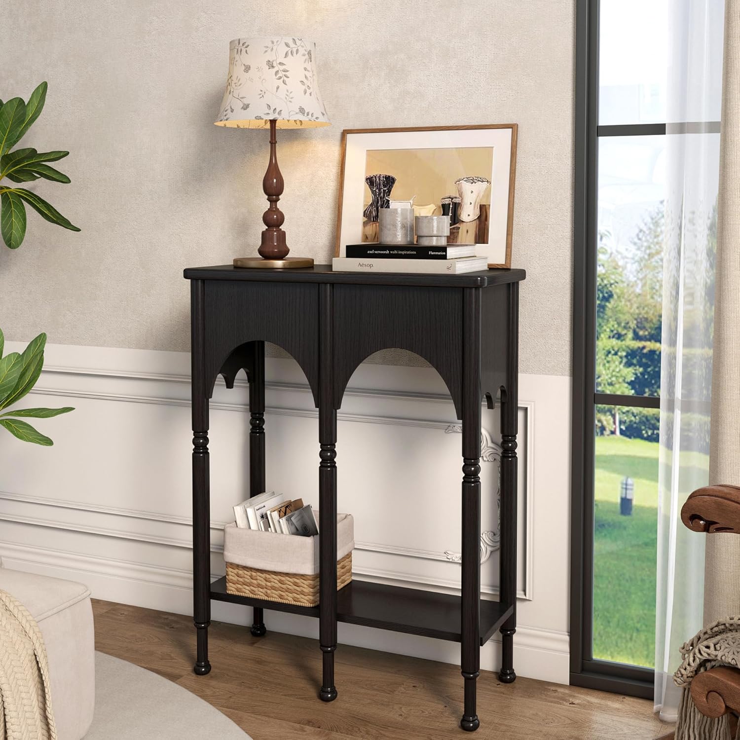 Console Table with Storage Shelf, 28" Small Entryway Table with Roman-Style Legs, Wooden Sofa Table Retro 2-Tier for Living Room, Hallway, Black
