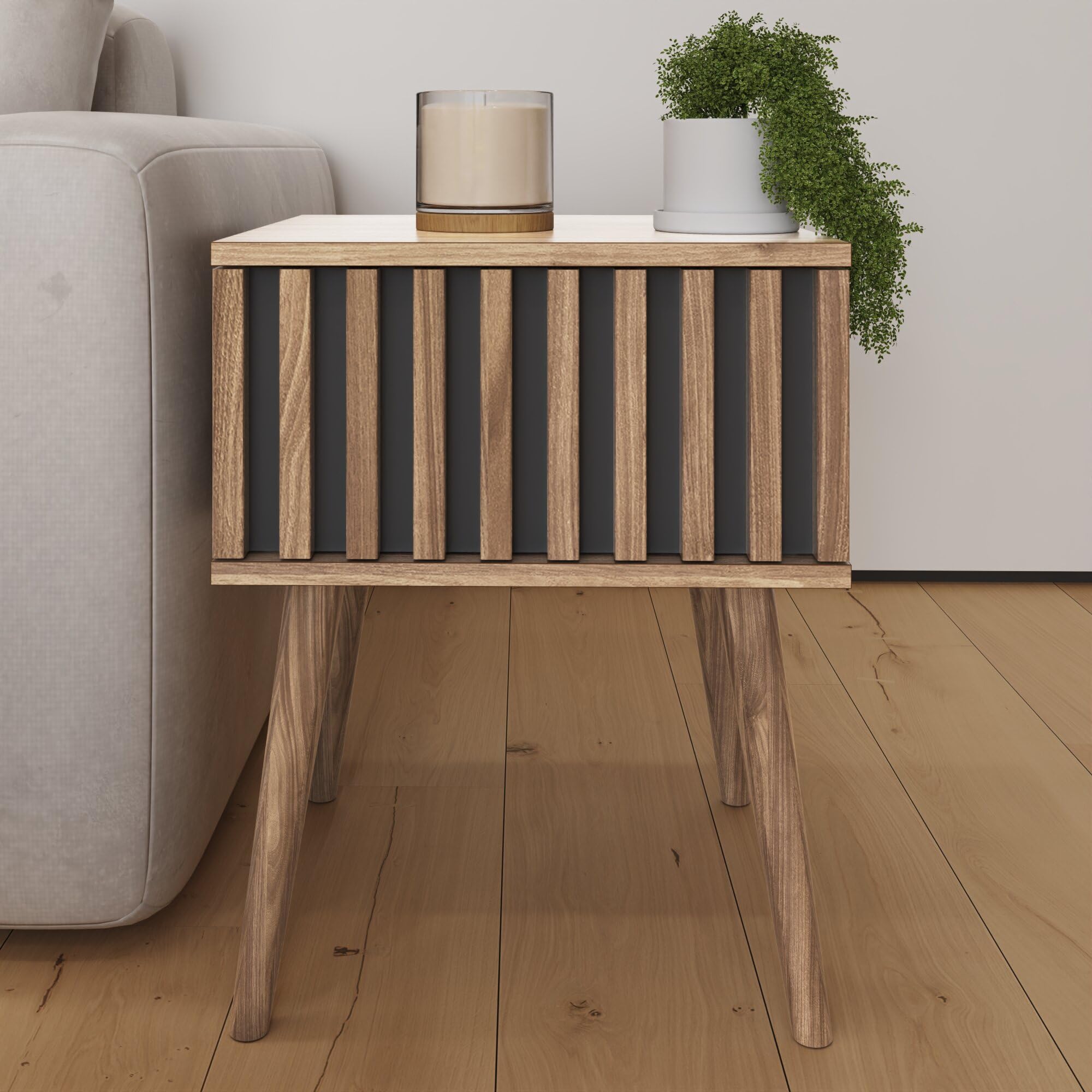 GFW Rowan Lamp Table with Drawer & Slatted Detailing, Oak Effect Side Table for Living Room or Bedroom