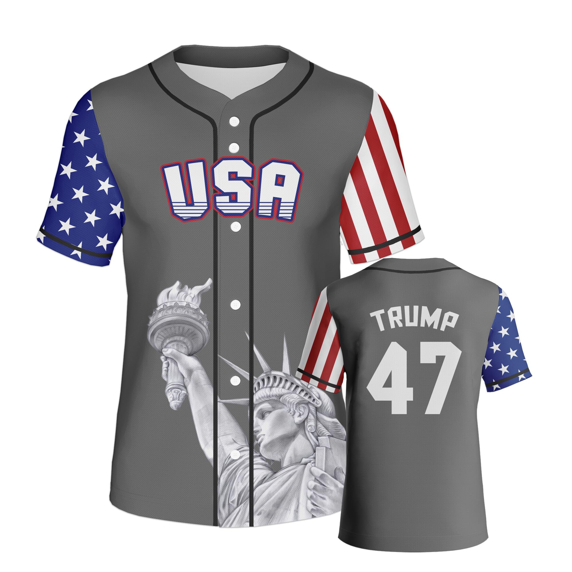 4th of July Men's Baseball Jersey with Statue of Liberty USA Patriotic White Red Blue Baseball Shirt for Independence Day
