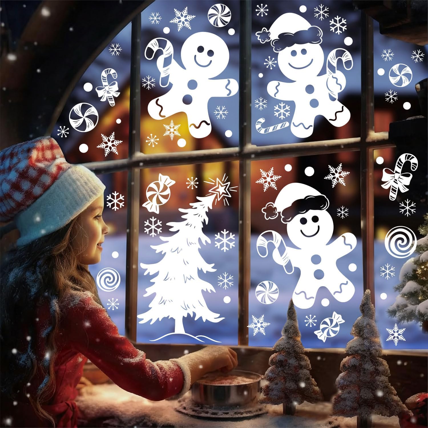 158pcs Christmas Gingerbread Window Clings, Snowflakes Stickers Decorations for Holiday Party, Large Gingerbread Man Merry Christmas Snowy Xmas Tree Snowman Decals Winter Frozen Decor White