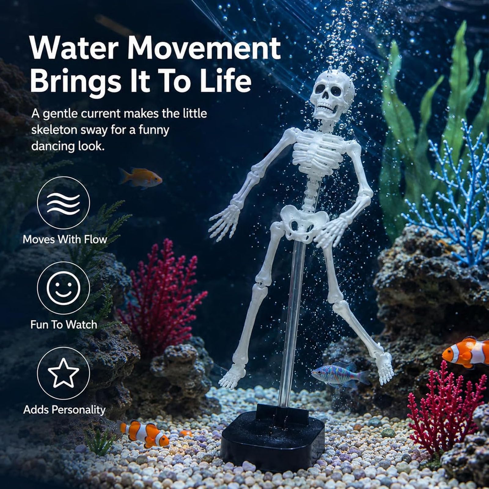 Decorazione per acquario "Scheletro danzante" con effetto bolle (2pcs) | Ornamento a tema teschio per Halloween, divertente decorazione interattiva per acquari con pesci combattenti o pesci rossi